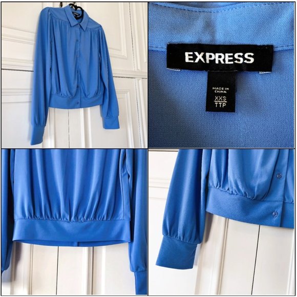 Soft & Drapey Light Blue Button-Front Banded-Hem Collared Blouson Top XXS - Picture 6 of 16